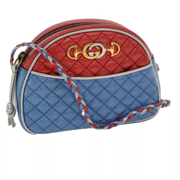 GUCCI Horse Bit Pochette Shoulder Bag Lamb Skin Red Blue - Picture 1 of 7